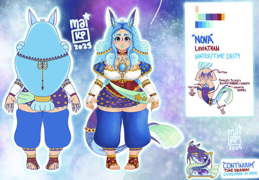 A reference for Nova. Her outfit consists of puffy sleeves, a white bodysuit, a red/yellow corset, green and purple scarves, tall blue leg warmers, and footwraps. She has leviathan ears and tail, and a tattoo of wings. She has lots of jewelry.