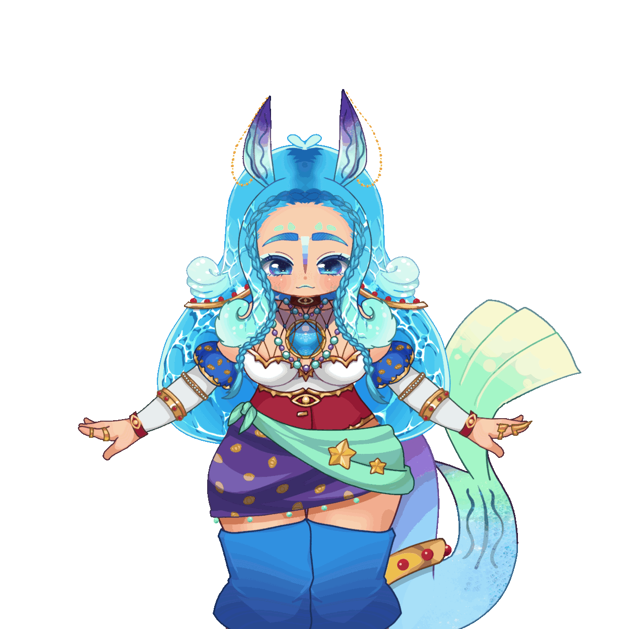 An animated gif of Nova bouncing up and down. Her arms wave in and out while her tail bounces opposite her.
