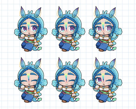 A set of chibi versions of the vtuber Nova. Each chibi version has a different mood: smiling, content, talking, joyous, happy, and winking.