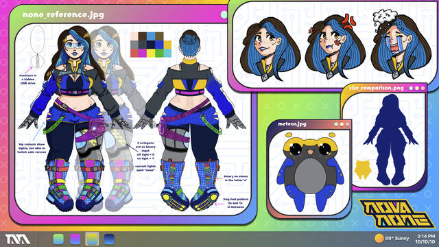 A reference of None's 1.1 outfit. The outfit consists of: sports bra, cropped shruggie-style jacket, shorts, tights, tall converse style 80s shoes, jelly plastic hip bag. None has prosthetic hands and a prosthetic for their left leg.