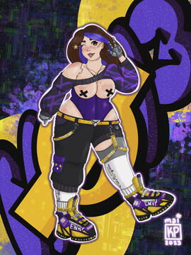 A drawing of None over a graffiti style background. She is in an alternative nonbinary flag themed outfit. Notably, she has an underbust cosert bodysuit and only tape X's for breast coverage. She is giving a peace sign and winking at the camera.