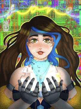 A drawing of None in her 1.0 outfit. She is holding her hands in front of themself and holding what seems to be digital light. Their hair is waving as if there is wind. They are giving a soft smile illuminated by the light.