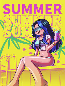A digital drawing of None in a bikini. A white crop top covers most of the top. They are sitting happily on the poolside with a drink in hand. In the background is some typography art with the word "SUMMER".