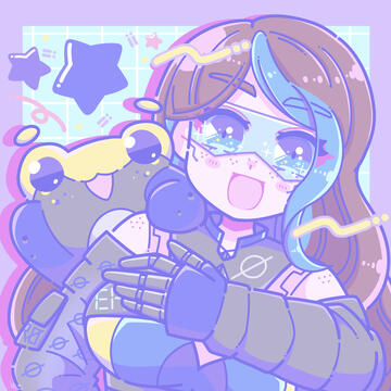 A digital drawing of None and Meteor. Meteor is waving and smiling to the viewer while holding onto None's shoulder. None is holding a hand up toward Meteor while smiling to the viewer.