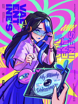 A bright and punchy poster-style drawing of None in a school-style uniform. She has a pair of headphones on, connected to an old school CD player. Someone off the image is handing a CD to None title "My Bloody Valentine" with the 'bloody' scribbled out.