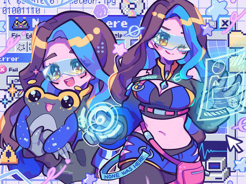 A collage of art of None and Meteor. The background is themed around a vintage OS with computer windows and icons. One image has None hugging Meteor. Another has None using holographic interfaces while winking at the viewer with a confident smirk.