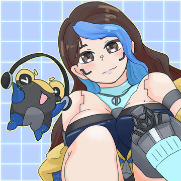 A digital drawing of None in her 1.0 outfit. She is sitting and smiling at the viewer with her knees raised. Meteor is doing a jump pose with headphones above him.