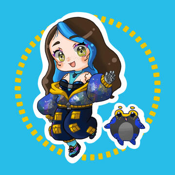 An image of None and Meteor. None is wearing her glitch-style coat and waking to the viewer with a smile on their face. Meteor is next to her looking very plush and also smiling. In the background is a simple dotted yellow circle.