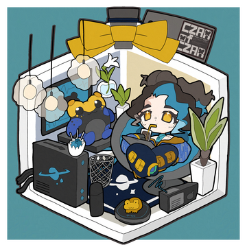 A drawing of an isometric style room. None is sitting in a bubble chair with a laptop in her lap, a cozy drink, and her hair up in a messy bun. Meteor is sitting on a shelf next to a lily, another plant, a computer tower, and some ice cream.