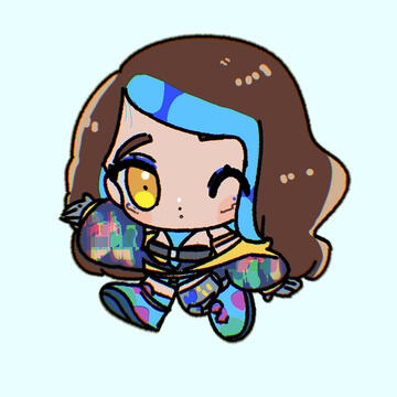 A drawing of None with chibi proportions. She is winking with her lips pursed. They look like they're walking with a hand up and waving.