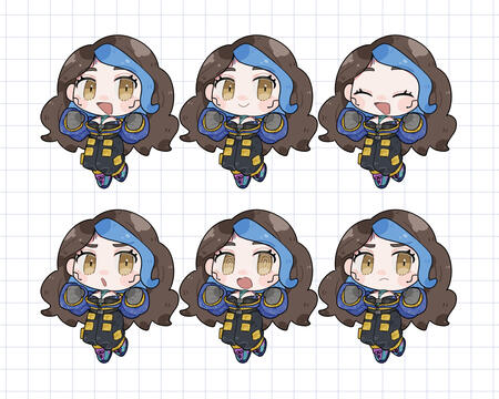 A set of chibi versions of the vtuber None. She is wearing a blue, glitched-patterned jacket, cargo pants, and 80s inspired sneaker. Each chibi version has a different mood: smiling, content, joyous, scolding, confused/shocked, and pouting.