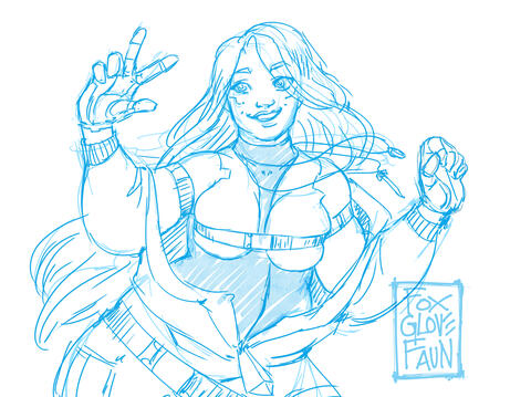 A blue sketch of None in her 1.0 outfit. She's smiling to the viewer and giving a peace sign.