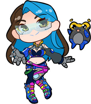 A chibi drawing of None and Meteor. None is holding out her hand and smiling to the viewer, while Meteor is floating beside her with his arms outstretched and a smile on his face.