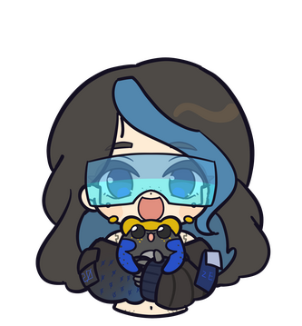 A chibi drawing of None in their 1.1 outfit. She is holding Meteor and smiling.