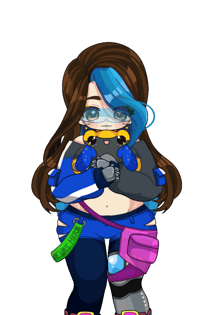 An animated gif of None in her 1.1 outfit. They are holding Meteor and bouncing up and down with a smile.