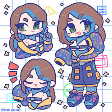 A digital drawing of None in her original outfit. There are two headshots and one fullbody. One headshot is talkative, the other is pointing and smiling. The fullbody is confidently posed and smiling.