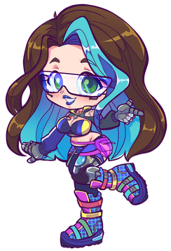 A chibi drawing of None in their 1.1 outfit. She is posed with her arms out and her prosthetic leg up.