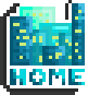 A pixel button of a cityscape. The button says "Home" at the bottom.