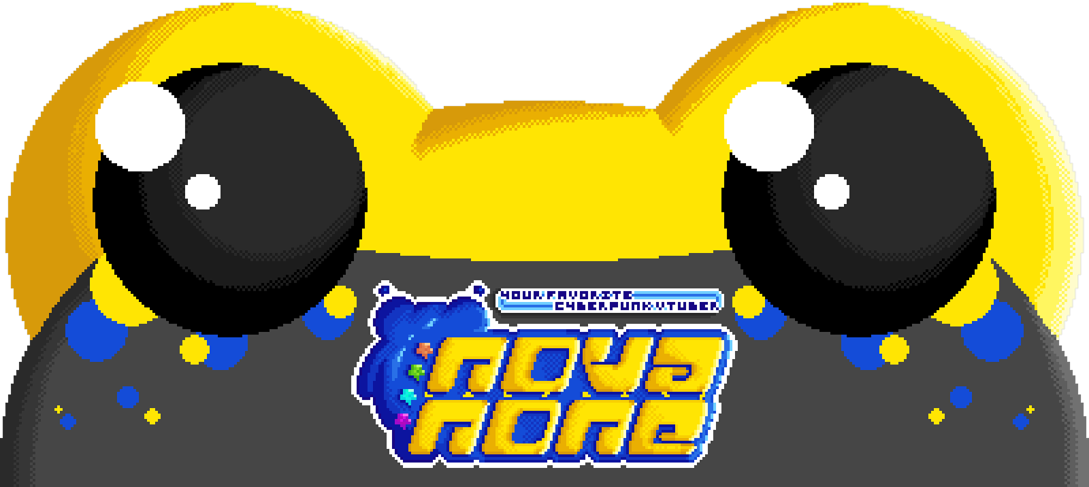 The header for the website. It is a pixel design of Meteor with his large froggy eyes and freckles. The Nova None logo is featured in the middle, also pixelated.