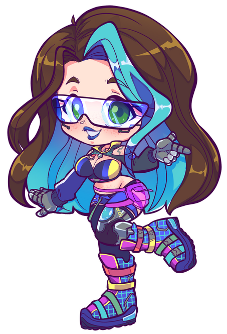 A chibi drawing of None in their 1.1 outfit. She is posed with her arms out and her prosthetic leg up.