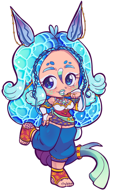 A chibi drawing of Nova. She is standing on one leg with her hand on her up and the outfit hand making a cutesy pose by her face.